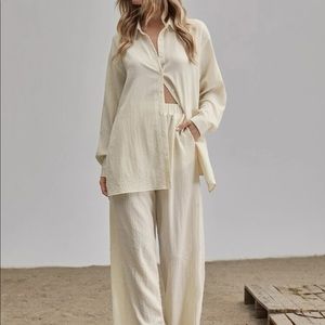 Shirt Pants 2 PC SET wide leg loose button collar spring summer womens cream